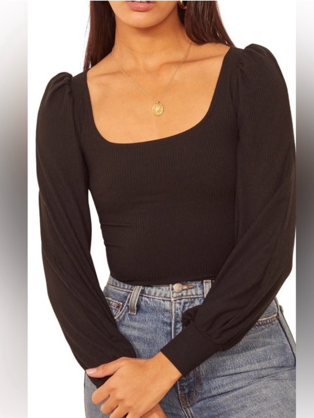 Reformation Vita Black Ribbed Long Sleeve Top